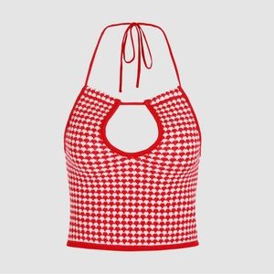 Zara red and white adjustable knit halter crop top